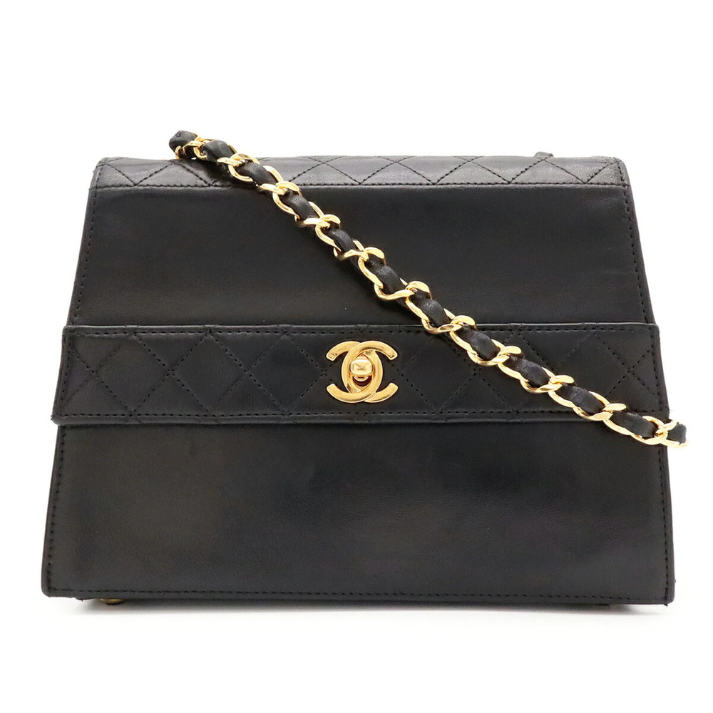 CHANEL Matelassé Coco Mark Chain Shoulder Bag Pochette Leather Black